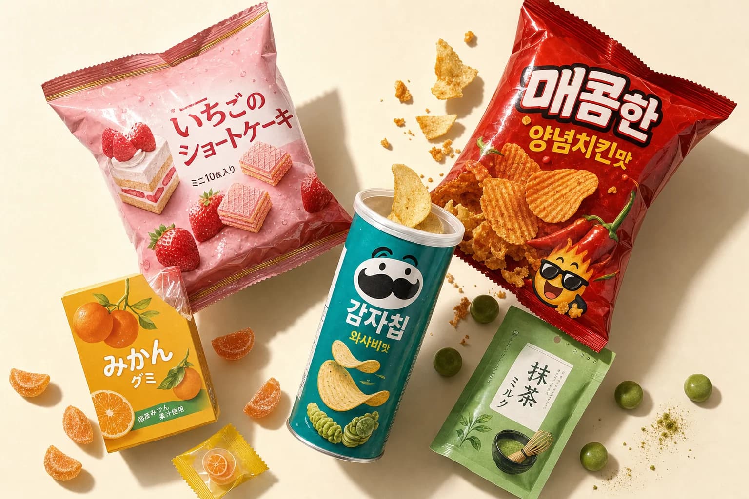 A flat lay of exotic snacks from around the world
